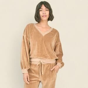 AMO Women's Velour V Neck Sweatshirt Mustard Gold Retro 70s Hipster Designer M